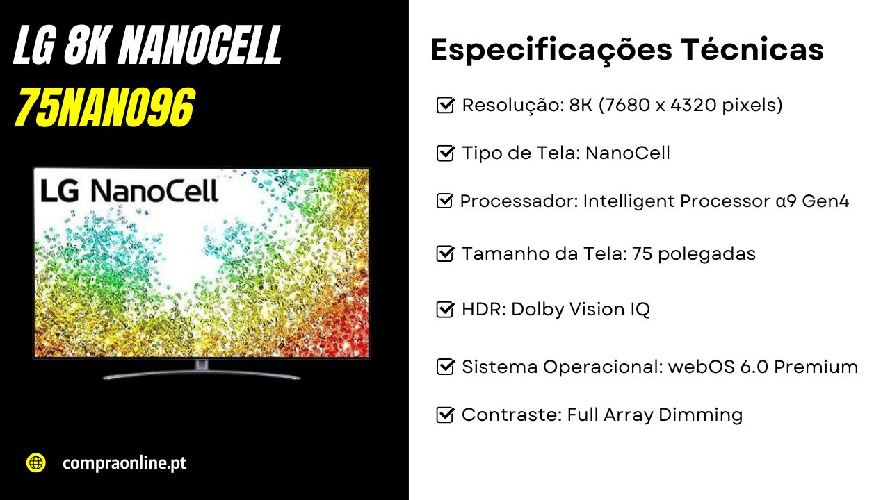 Especificações técnicas da Televisão LG 8K NanoCell 75NANO96